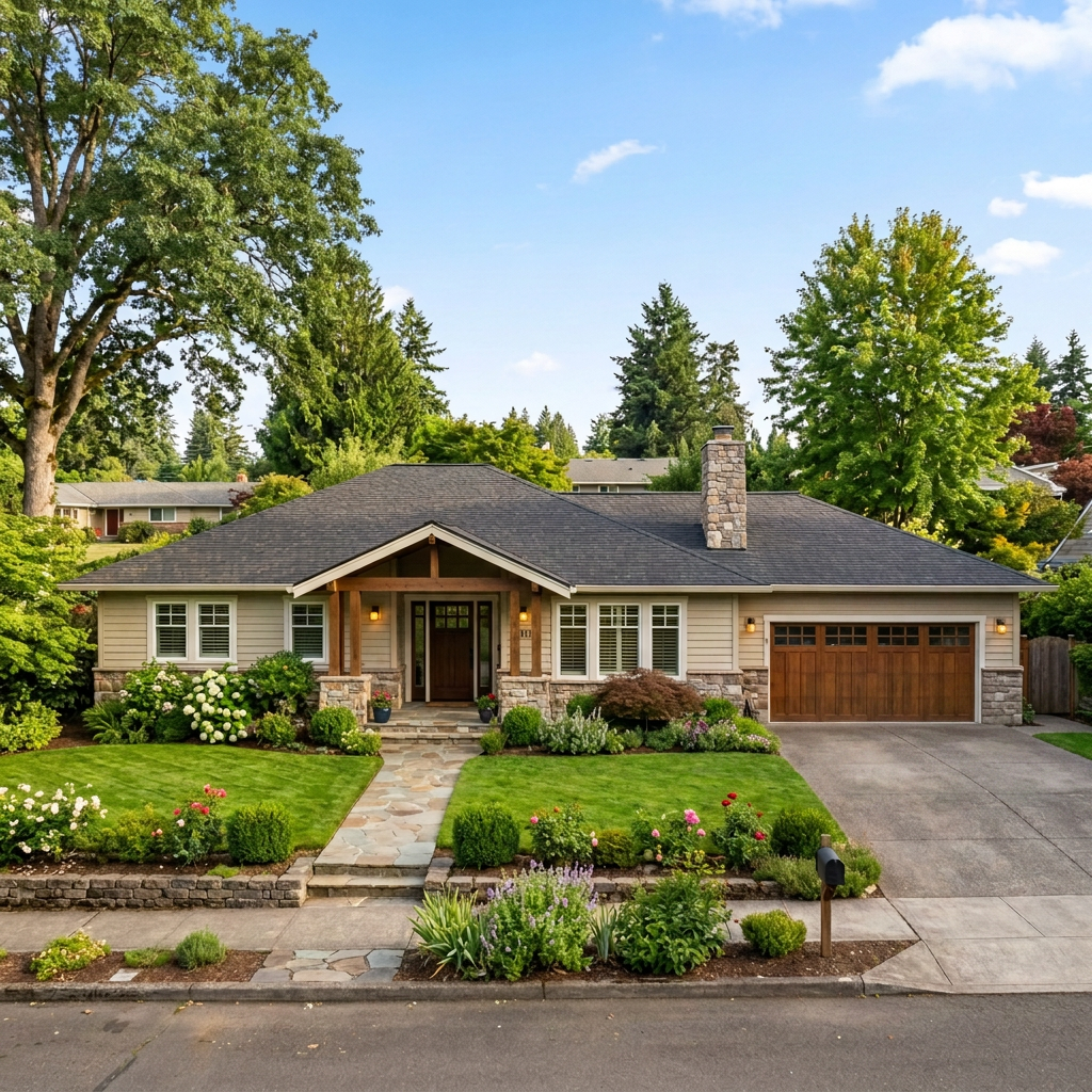 Single-story ranch-style house with stone accents and landscaped front yard