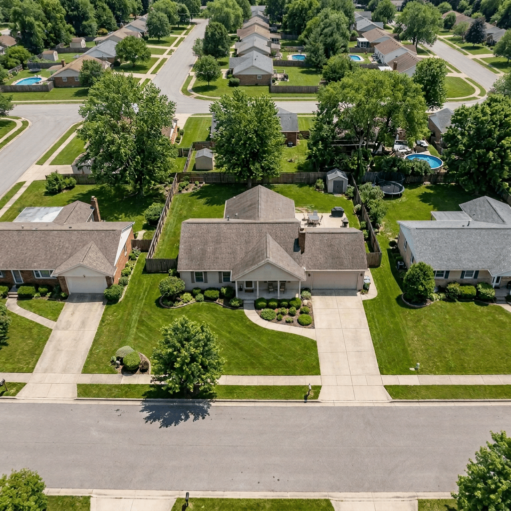 Aerial view of suburban houses with lawns, driveways, trees, and cars parked on the street