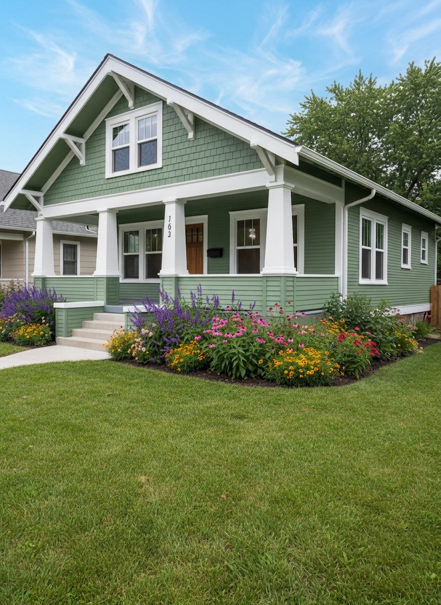 A crisp, daytime exterior photograph of a charming, renovated craftsman bungalow, tailored for residential real estate marketing. The camera is set at an eye-level, three-quarter angle from the sidewalk, capturing the full front façade with its tapered porch columns, freshly painted sage-green siding, and contrasting white trim. A neatly edged lawn and colorful perennial flower beds lead up a short concrete path to the inviting front steps. Soft, even overcast light reduces harsh shadows, highlighting the texture of the wood siding and shingled roof. The atmosphere feels warm, welcoming, and move-in ready, with a realistic, photographic style. Neighboring houses are gently blurred to maintain focus on the property, and there are no people, branding, or text elements in the frame.