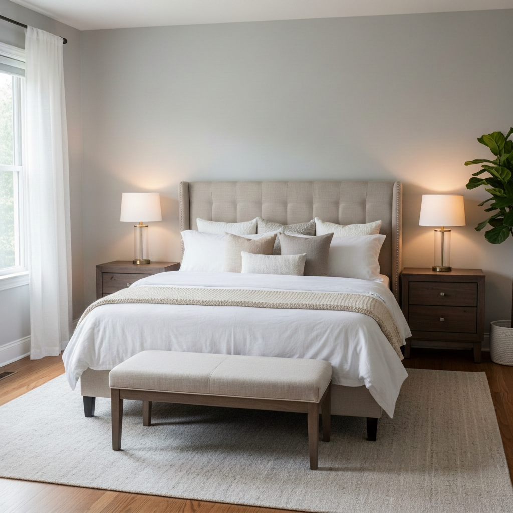 A professionally lit interior photograph of a cozy yet upscale bedroom in a suburban home, captured with precise, realistic detail. A queen-sized upholstered bed with a soft, tufted beige headboard is centered against a pale dove-gray wall, flanked by matching wooden nightstands topped with sleek, warm-glow table lamps. Natural afternoon light filters through sheer white curtains on a large window, blending gently with the lamp light to create a soft, inviting ambiance. Crisp white bedding with layered neutral-toned pillows and a folded throw blanket at the foot of the bed adds texture. The composition is symmetric and eye-level, with sharp focus throughout the room to highlight staging details, perfect for MLS listing photography. No people, branding, or text overlays appear, keeping the focus entirely on the space.