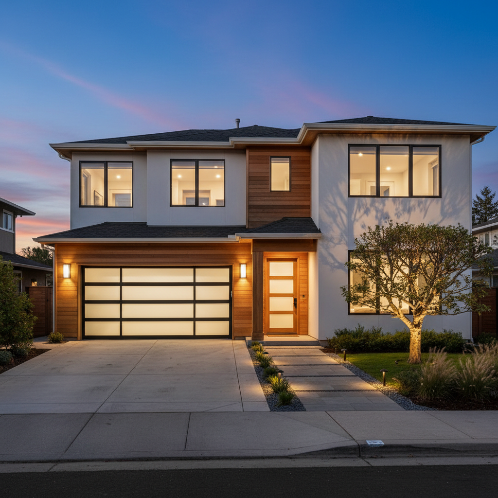 A twilight exterior photograph of a contemporary two-story home with a mix of smooth white stucco and warm cedar siding, shot in ultra-realistic detail. The camera is positioned at a slightly low angle from the curb, capturing the illuminated windows, neat landscaping, and a clean concrete driveway leading to a double garage. Subtle landscape lighting washes the pathway and uplights a sculpted tree, while the sky glows deep blue with the last light of day. Reflections shimmer softly on the large glass panels. The mood is polished and aspirational, showcasing the property as move-in ready. The composition uses leading lines from the driveway and walkway to draw the eye toward the front door, emphasizing professional real estate photography quality, with no people, logos, or text overlays.