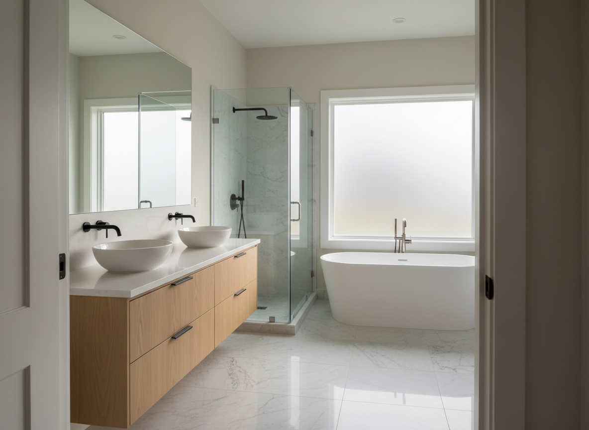 A serene, high-end bathroom interior perfectly staged for real estate photography, captured in realistic photographic detail. A freestanding white soaking tub with a soft matte finish sits near a large frosted window, where diffused morning light spills in, creating gentle highlights on polished marble floors. Along one wall, a floating vanity with light oak cabinetry and a wide quartz countertop supports twin vessel sinks and sleek black fixtures. A frameless glass shower enclosure stands adjacent, its chrome hardware subtly gleaming. The camera is positioned at eye level from the doorway, using a wide lens to reveal the full layout without distortion. The mood is spa-like and calming, with neutral tones and clean lines. No people or decorative text appear, ensuring the focus remains on the architectural and material quality.
