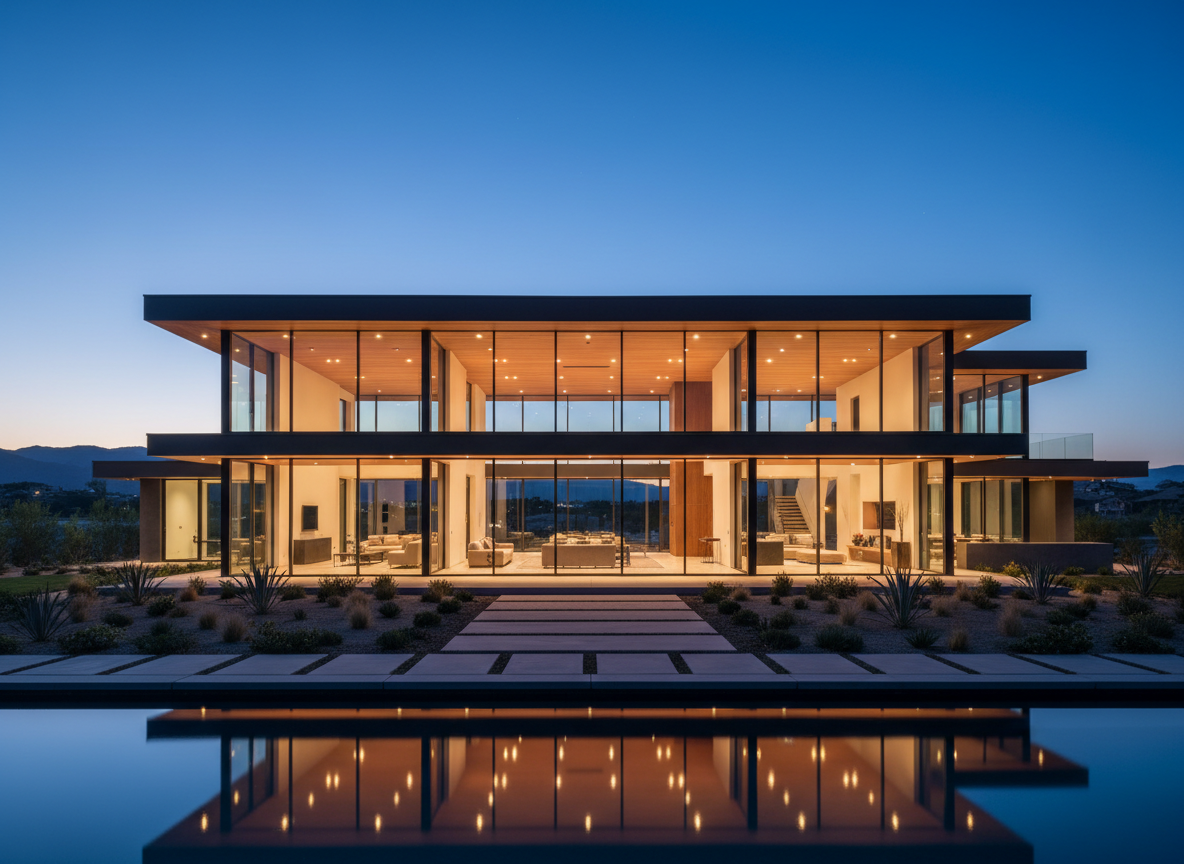 A modern luxury home at dusk with warm interior lights glowing through large glass windows beneath a soft blue twilight sky.